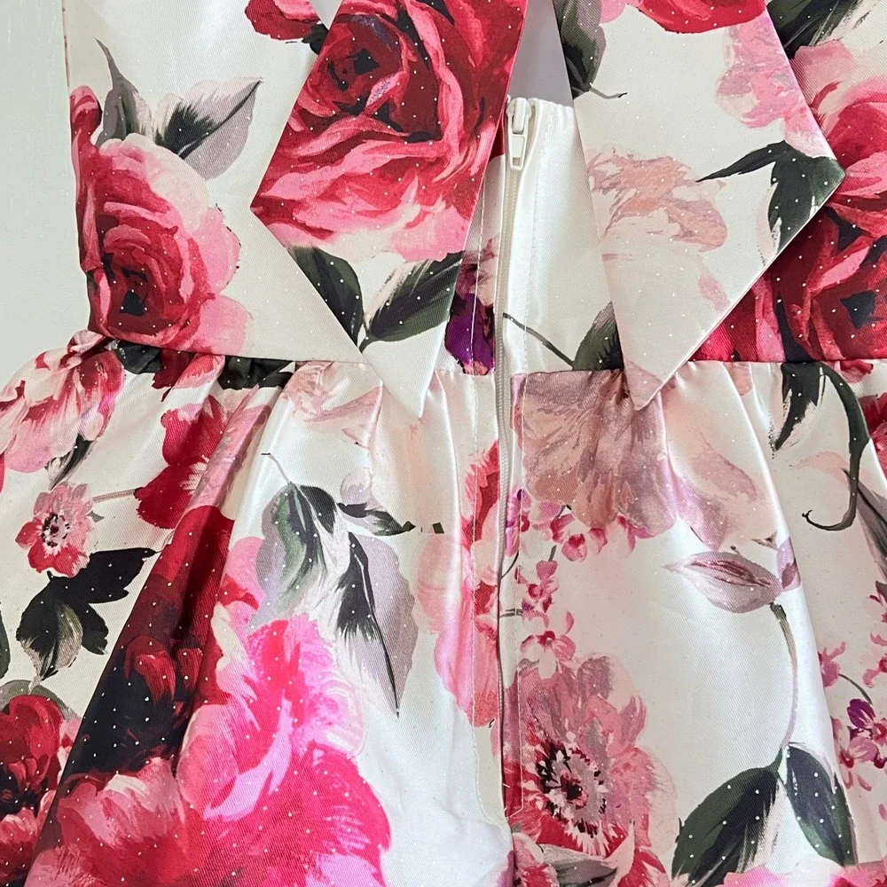 Rare Editions Girls Size 7 Floral Party Dress White Rose Print Tulle Wedding EUC